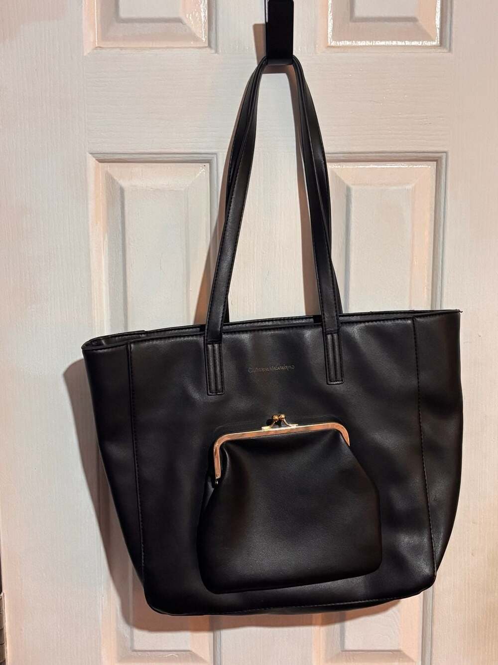 Catherine Malandrino Black Faux Leather Tote Bag with Kiss Lock Pocket